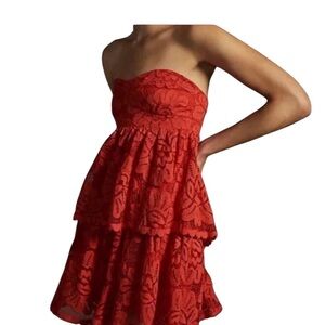 Anthropologie Maeve Lace Strapless Red Floral Tiered Ruffled Mini Dress S